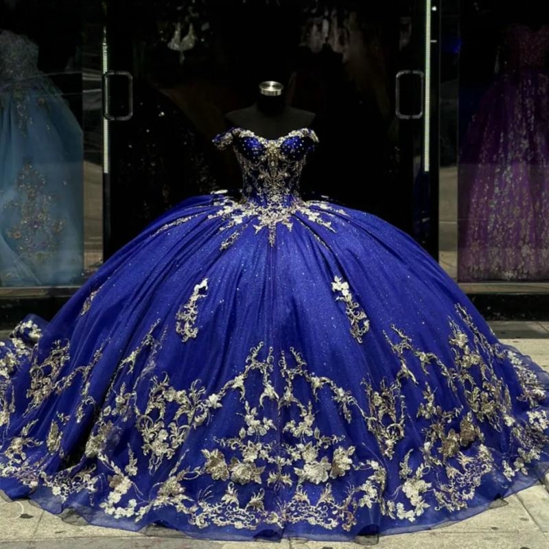 Royal Blue Off The Shoulder Quinceanera Dresses Ball Gown Gold Appliques Lace Bow Beading Sweet 16 Dress Birthday Party Vestido De 15 Anos