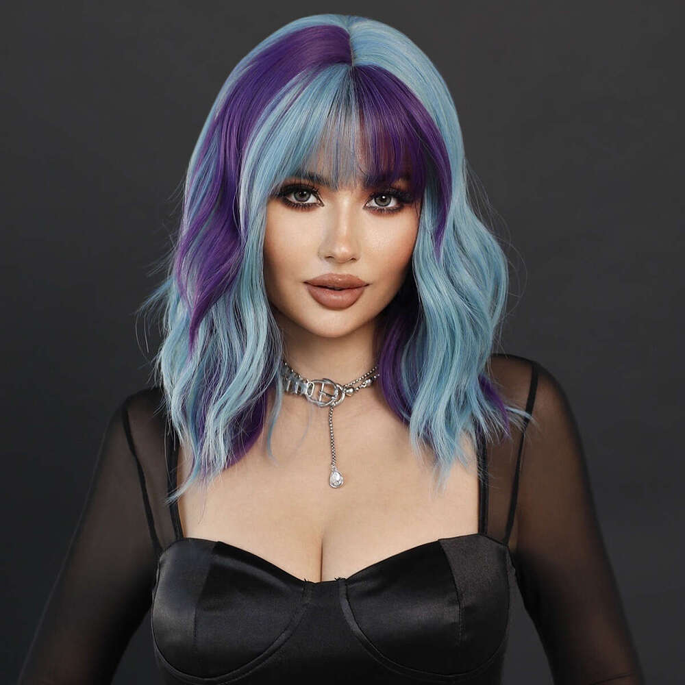 Wig, Women's Purple Blue Dyed Fashionable Full Head Cover, Short Curly Shoulder Length Hair, Halloween Wig, Short Wigs