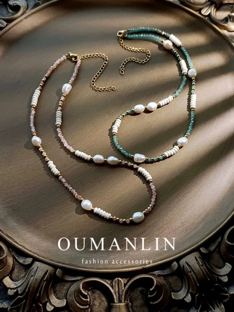 Natural Freshwater Baroque Pearl Necklace Fashionable Shining Crystal Necklace Natural Stone Jewelry 241017