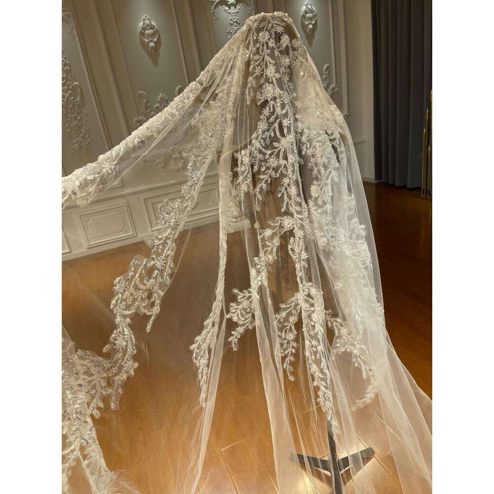 Custom Made Shinny Tulle Veil With Beading Lace Wedding Veils