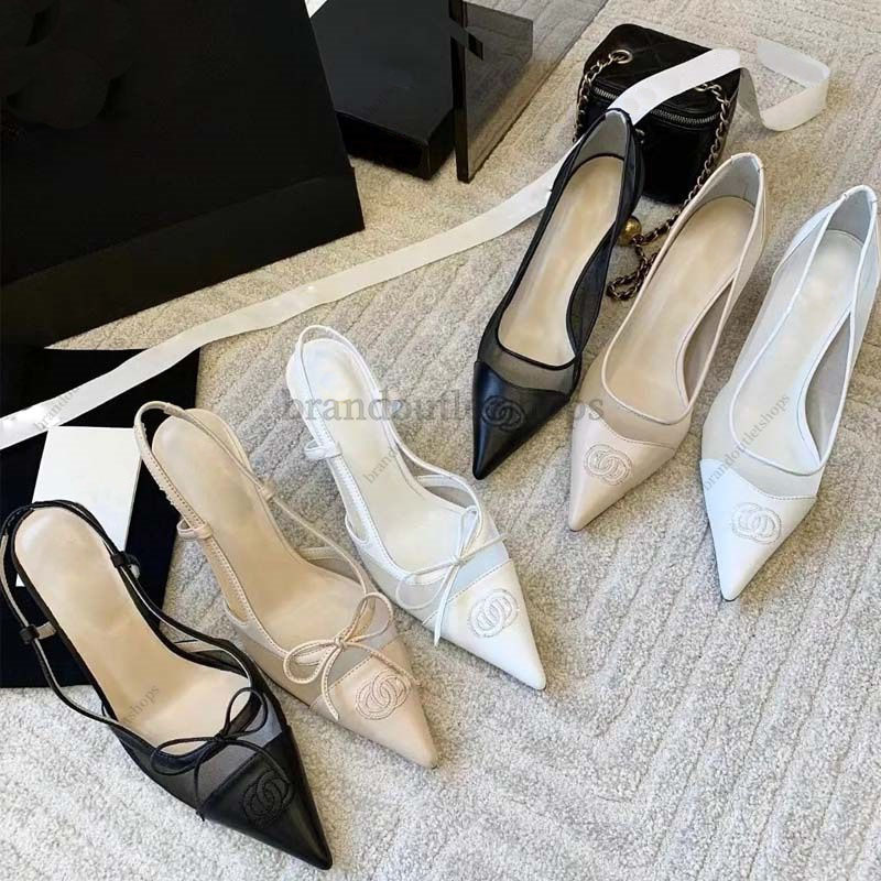 Top Quality Women pumps High Heels Pointy bow mesh sexy sandals Luxury Fashion slingback Classic Kitten heel Designer Women High Quality Single Shoes size 7.5cm