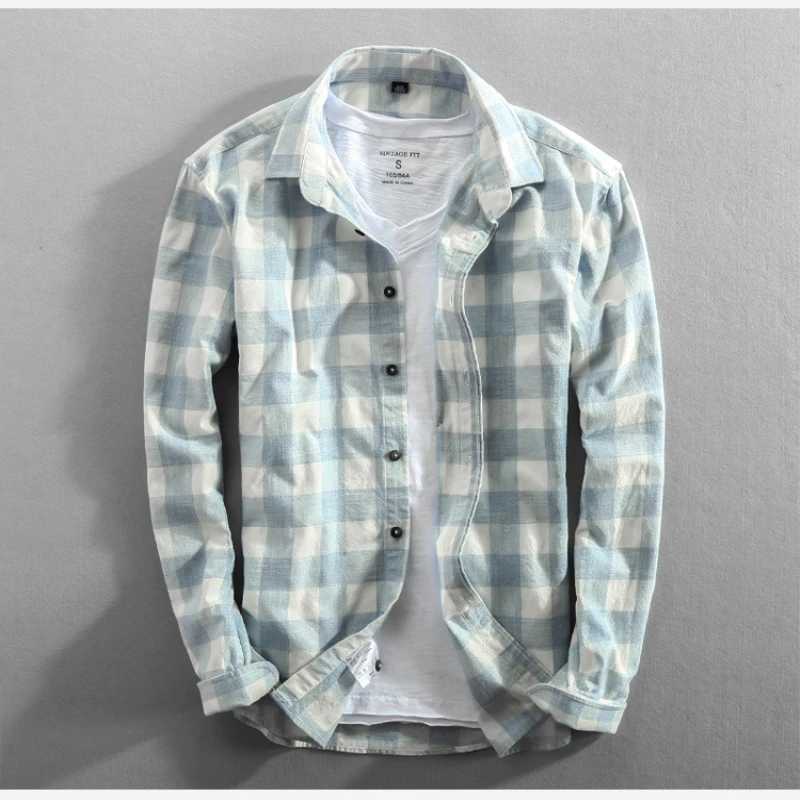 2019 Spring And Autumn Vintage China Style Classic Plaid Cotton Long Sleeve Blue Shirt Male Casual Slim Fit Shirt Import Clothes LX241017
