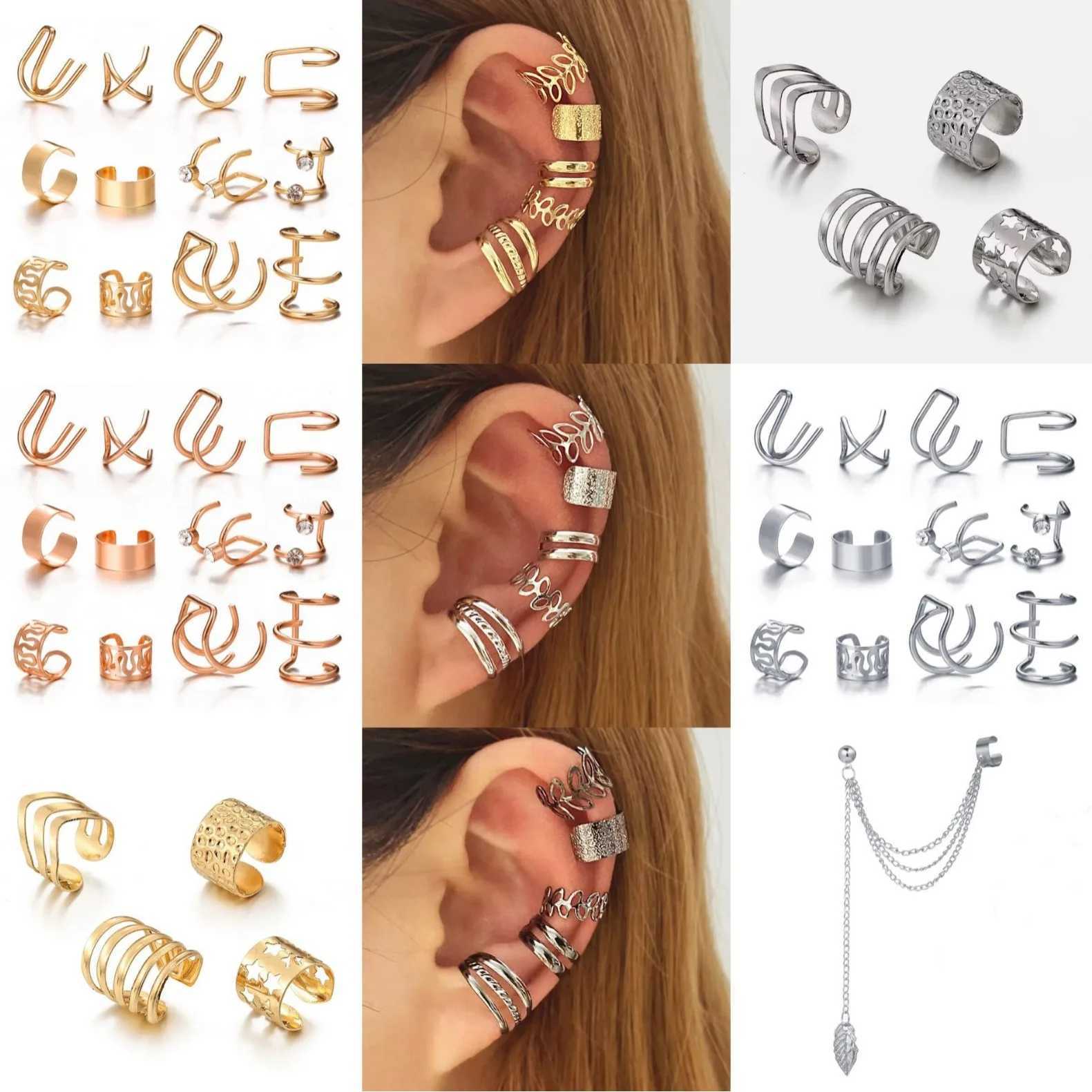 Fashionable retro gold leaf earrings with perforated cuffs fake clip earrings womens creative trend jewelry W241017
