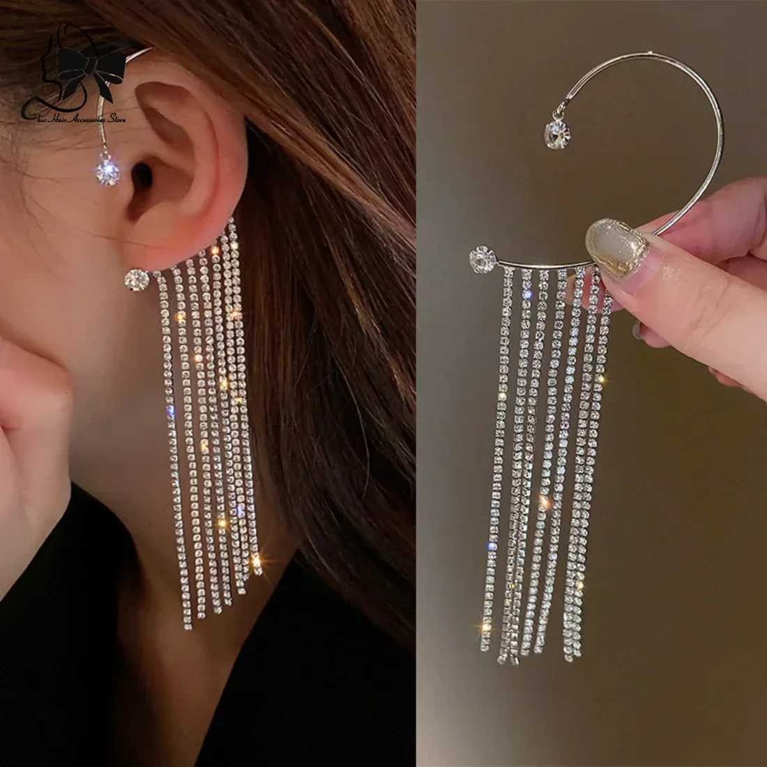 Fashionable shiny rhinestone earrings with long tassel crystal chain earrings cuff clip earrings womens non perforated party jewelry South Korea W2410