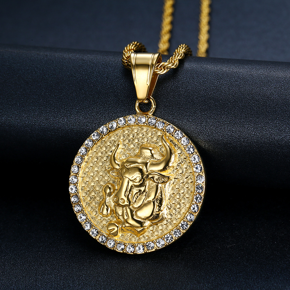 Retro 12 Constellations Round Pendant Necklace Stainless Steel 18K Gold Plated Jewelry Gift