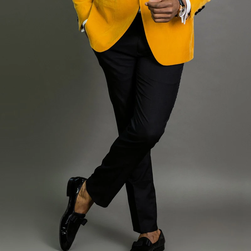 Yellow Velvet Wedding Tuxedo with Black Pants 2 Pieces Slim Fit Men Suits For Prom African Male Smoking Fashion Blazer