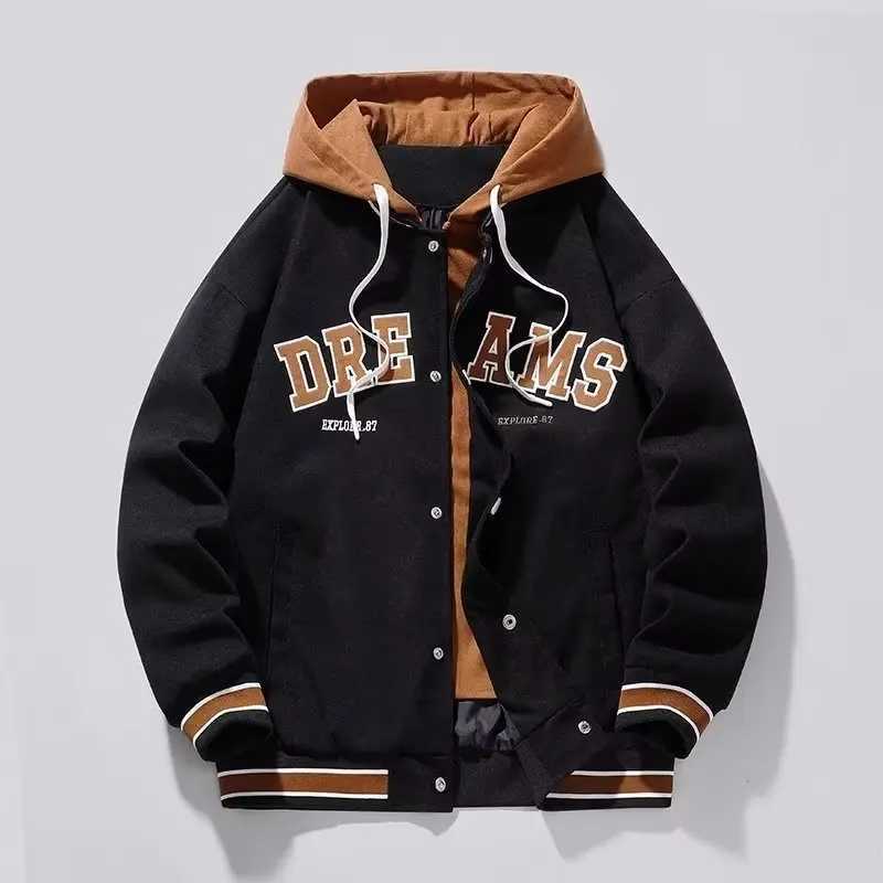Mens hooded pocket cargo jacket high-quality mens clothing winter and autumn Japanese fashion loose mens jacket hooded baseball shirt M241017