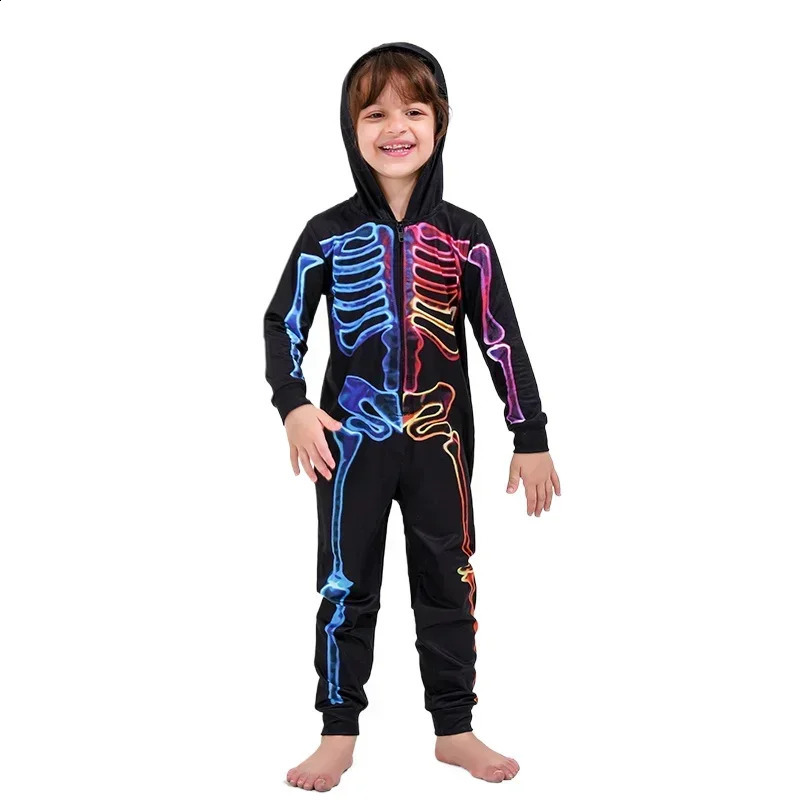 Family Halloween Matching Pajamas Parentchild Skeleton Print Clothes Zipper Hooded OnePiece Jumpsuit Look Pjs 241017