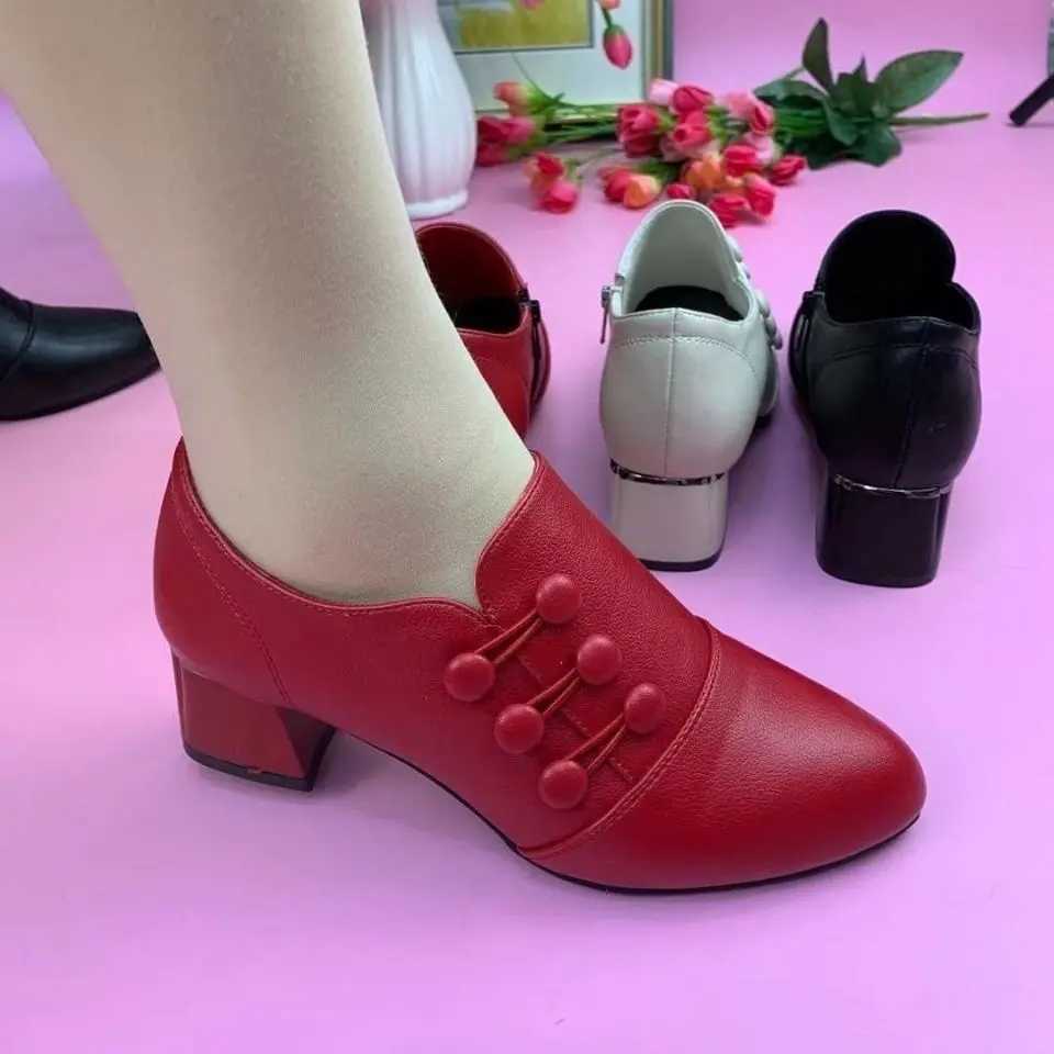 Autumn New High Heels Soft Leather Breasted Low Heeled Shoes Dress Womens Pointed Toe Shoes Retro Mom Shoes Zapatos Mujer Y241017