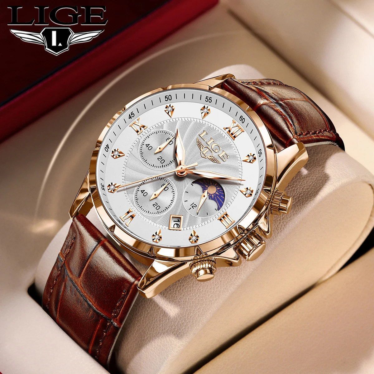 LIGE y Business Mens Watch Luminous Waterproof Leather Moon Phase Week Date Leisure Quartz Reloj Hombre 241009