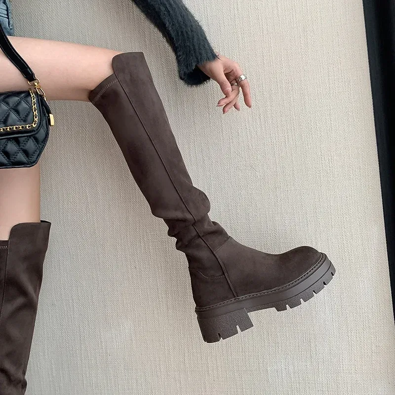 Designer Women Flats pulsh boot Platform Pleated Over The Knee Winter boots Trend New Gladiator Suede Boots Goth High Sock Botas 241118