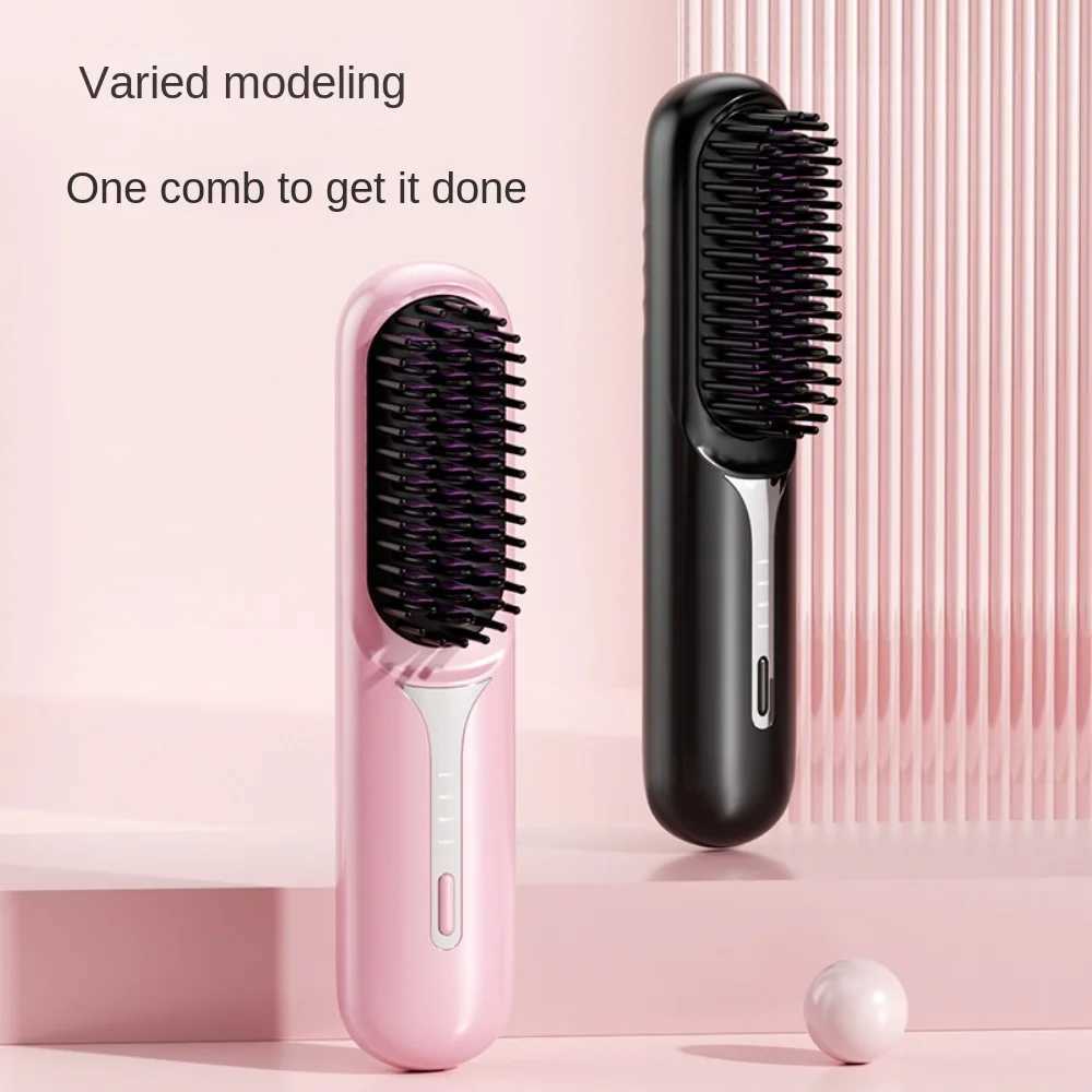Hair Straightener Brush USB Rechargeable Cordless Negative Ions Hot Brush Electric Fluffy Curly Hair Styling Detangling CombXJ241016