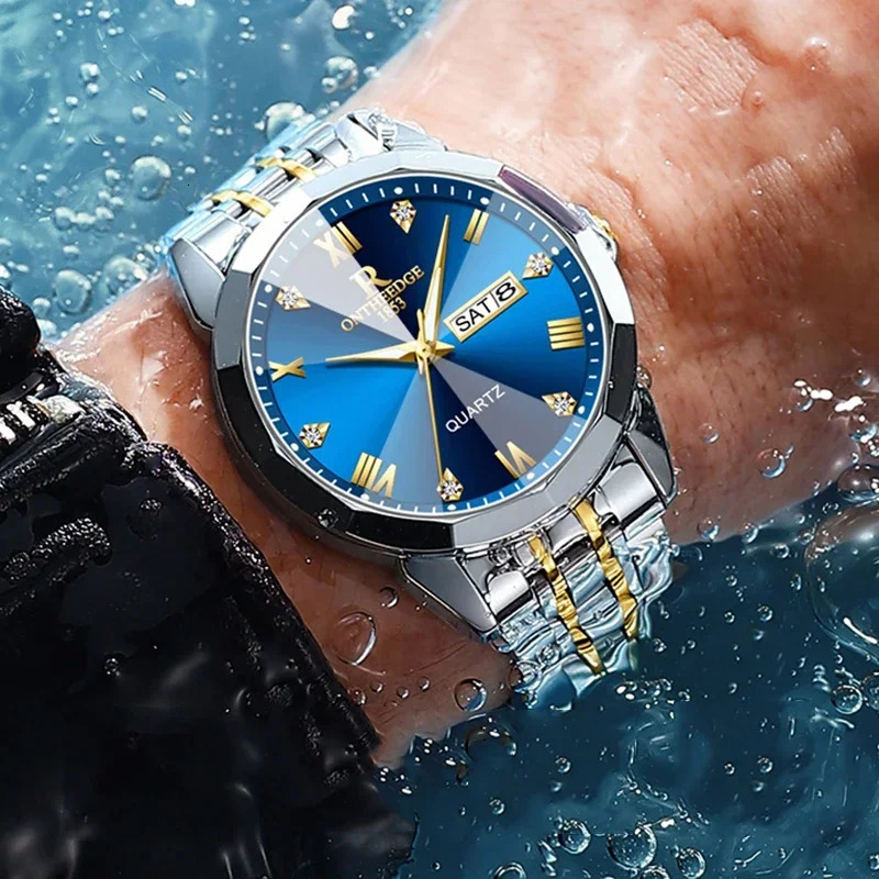 y Mens Watch Fashion Diamond Mirror Quartz Waterproof Luminous Date Week Stainless Steel 241009