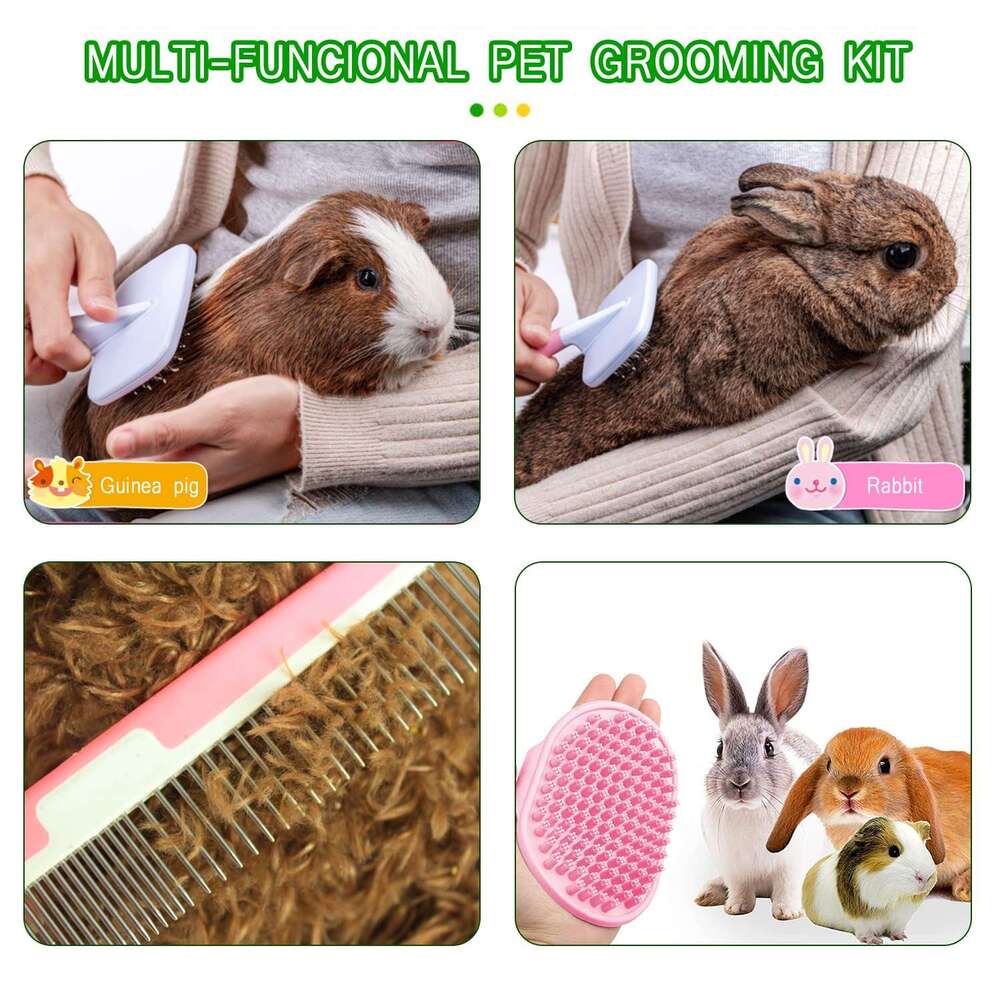 Crafterlife Small Animal Kit with Shedding Slicker Brush, Bath Massage Glove, Pet Grooming Comb, Nail Clipper Trimmer for Rabbit, Puppy, Kitten, Guine