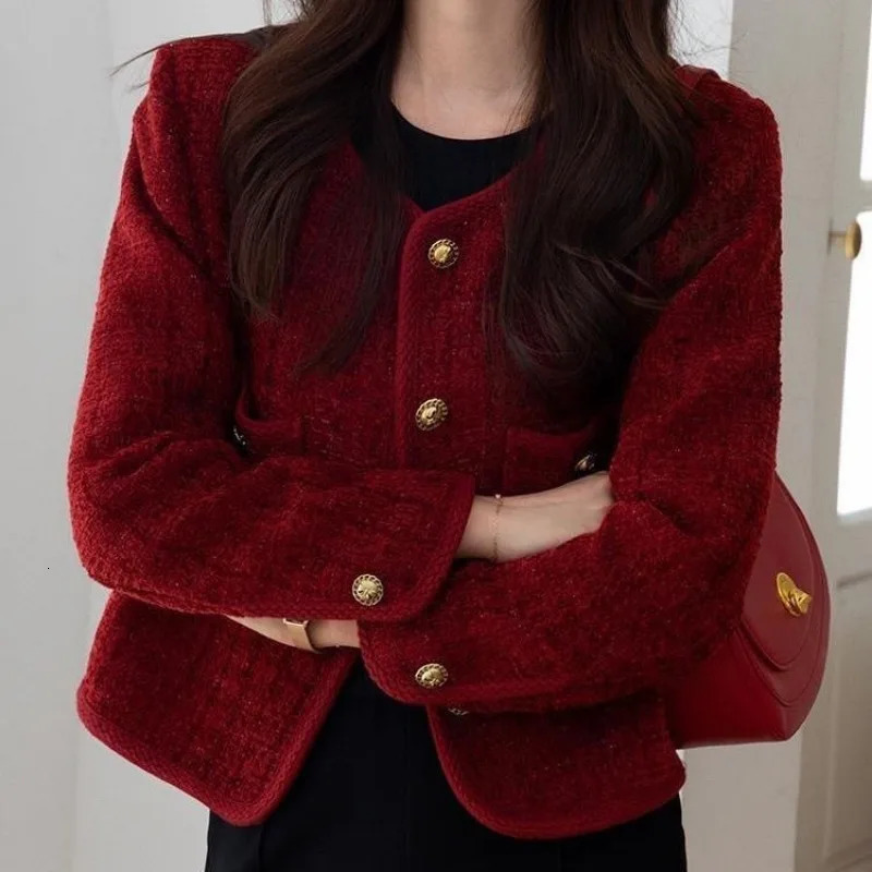 Cropped Tweed Jackets Women Single-breasted Blazer Chic Pockets Office Ladies Clothing High-end Spring Autumn Coat 241017