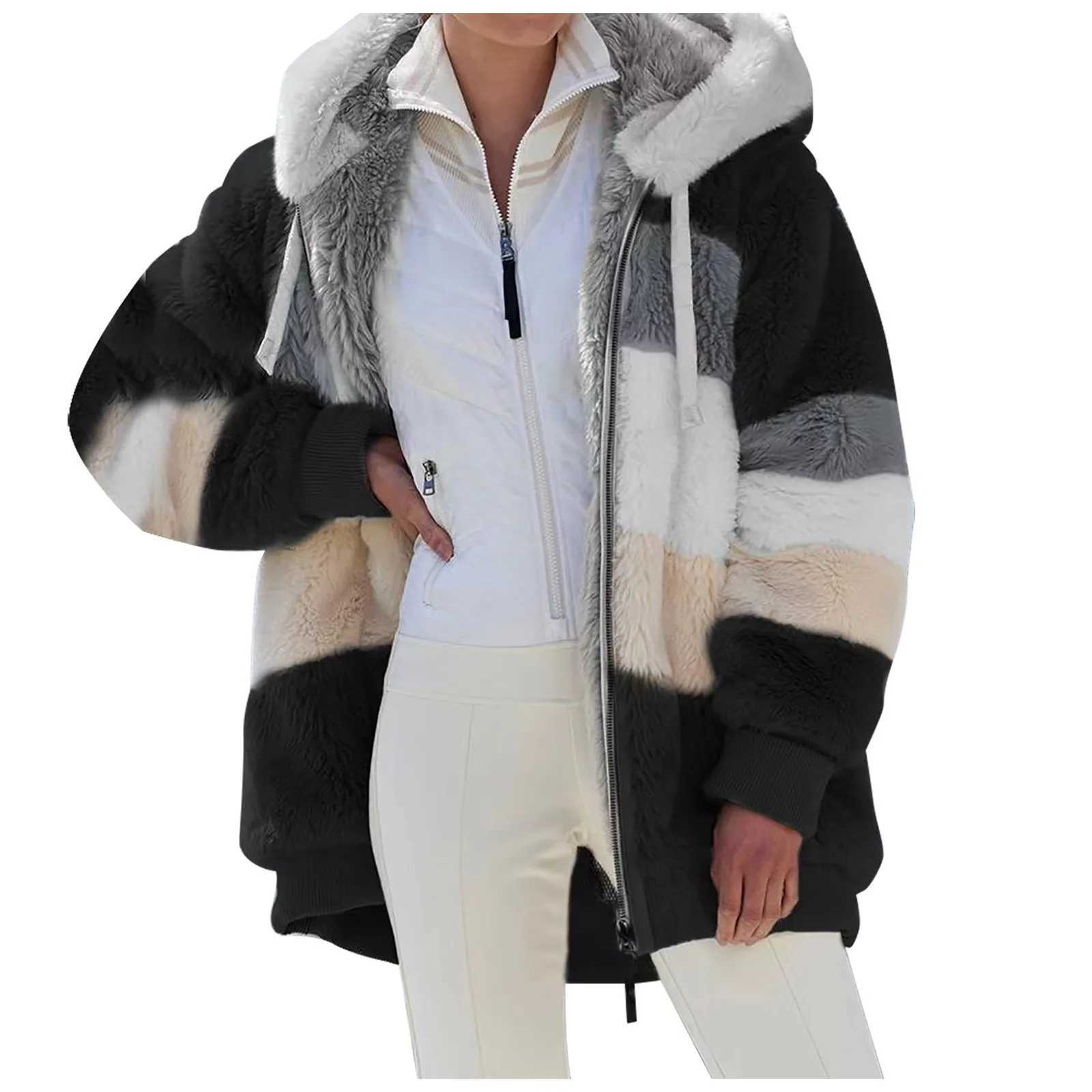 Women Striped Patchwork Fleece Hoodie Coat Autumn Winter Long Lantern Sleeve Loose Cardigan Hoodie Sweatshirt CoatsX241016