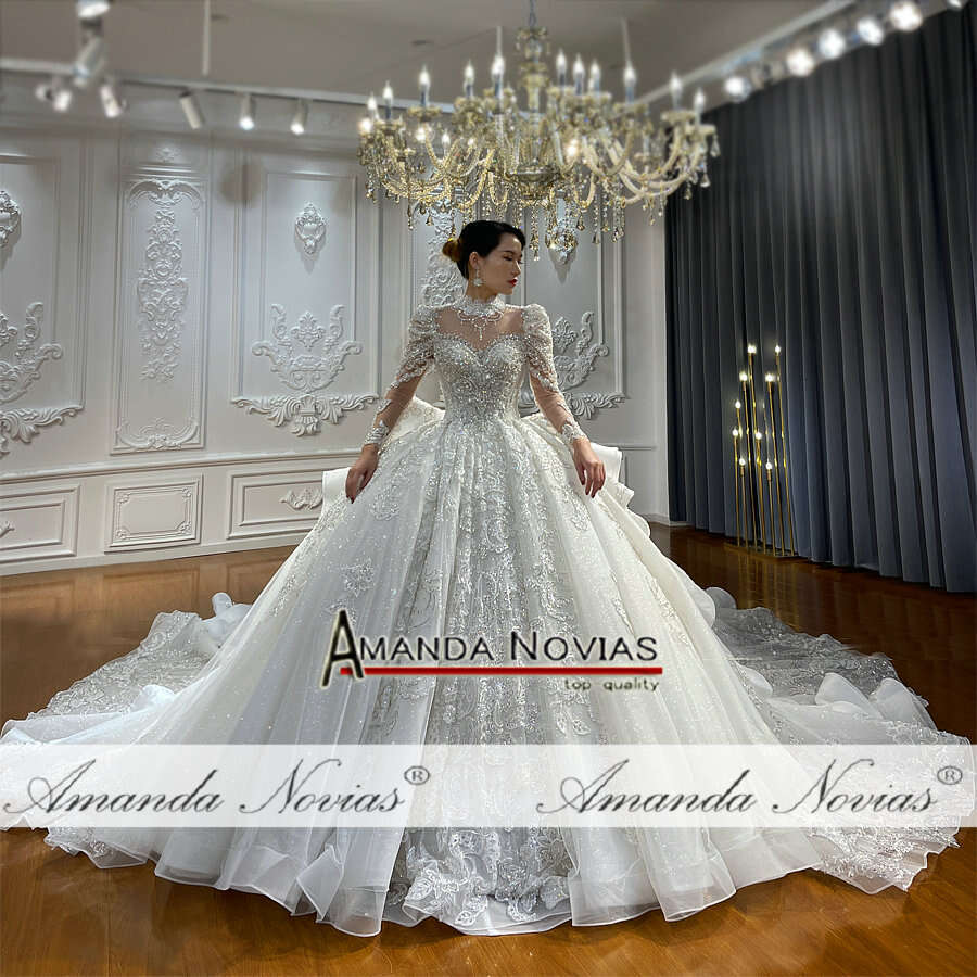 Lace Applique Crystal Beading Royal Train Wedding Dress