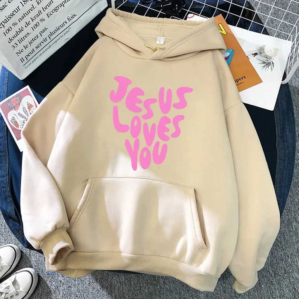Jesus Loves Me Letter Funny Prints Hoodies Women Autumn Warm Sweatshirt Fleece All-Match Clothes Pocket Oversized HoodyX241016