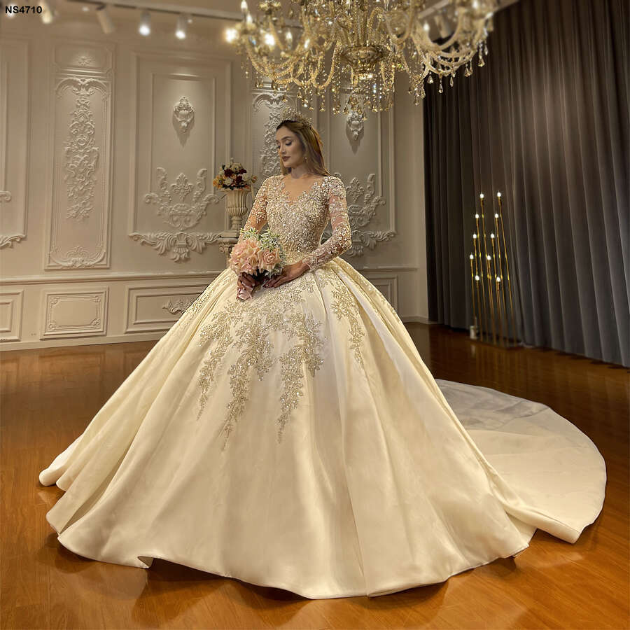 Ball Gown Lace Applique Satin Wedding Dress