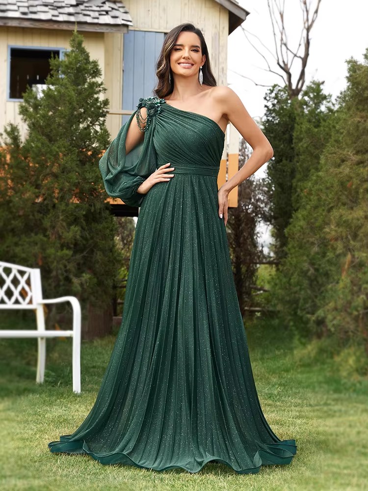 Elegant one-shoulder Long Sleeves Sparkle Floor Length Evening Dress 2024 Green Flower Bridesmaid Party Cocktail Prom