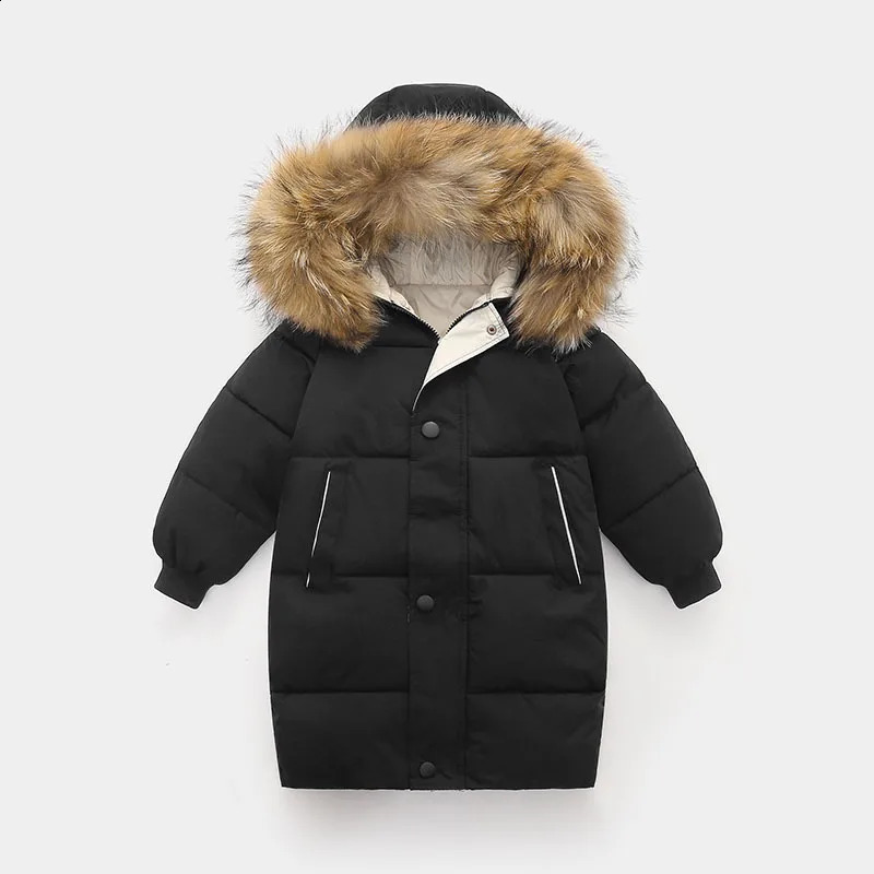 Kids Thicken Warm Down Coat Boys Winter Real Fur Hooded Long Parkas Girls Cotton Down Jackets Outerwears Teen Children Clothing 241008