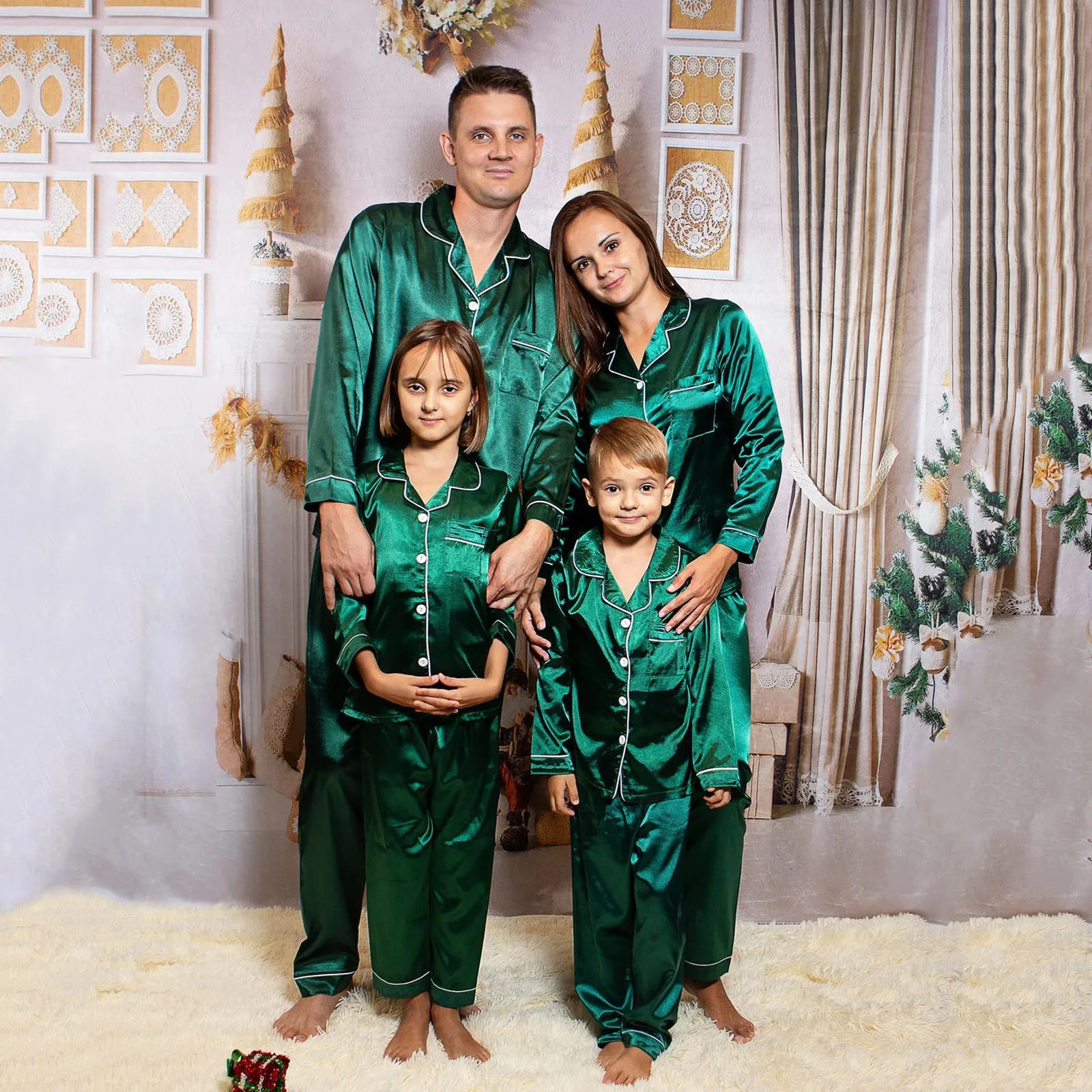 Family Matching Outfits Satin Silk Pajamas Solid Sleepwear Loungewear Nightwear Pants Set For Father Mother Kids 241017