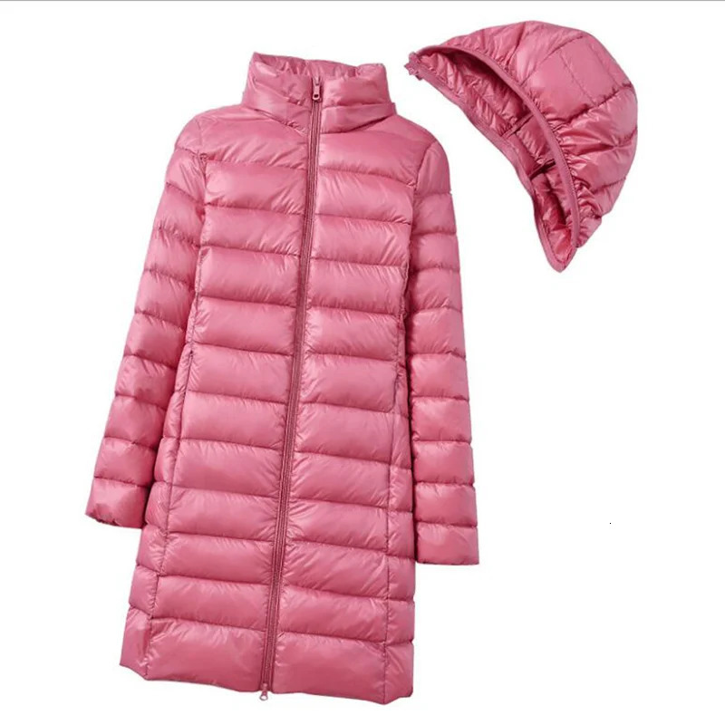 Winter Women Down Jackets Long White Duck Down Ultra Light Thin Casual Puffer Slim Removable Hooded Coat Female 241017