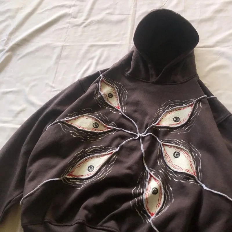 American Retro Harajuku Gothic Devils Eye Embroidery Mosaic Sweater Y2K Street Fashion Super Women Hip Hop Hooded Sweater 241017