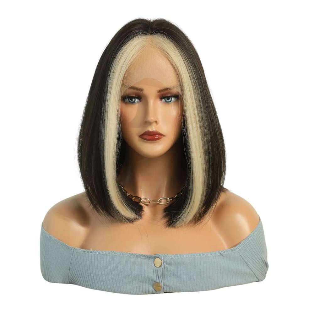 Women's Shoulder Length With Full Head Golden Highlights, Small T-Front Lace Wig, Synthetic Fiber Hand Woven Wig