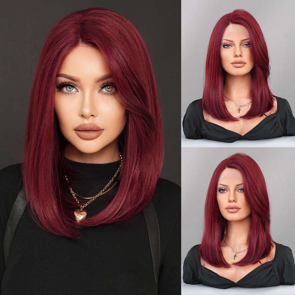 T Part Front Lace Purple Red Female Full Head Cover Shoulder Straight Hair Side Split Natural Wig