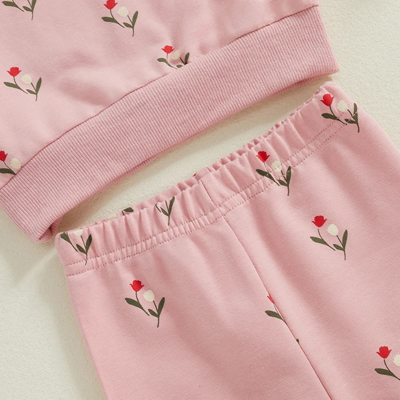 Toddler Girl Ruffle Sleeve Top and Floral Leggings Set Long Crew Neck Sweatshirt with Elastic Waist Pants 2piece Outfit 241017