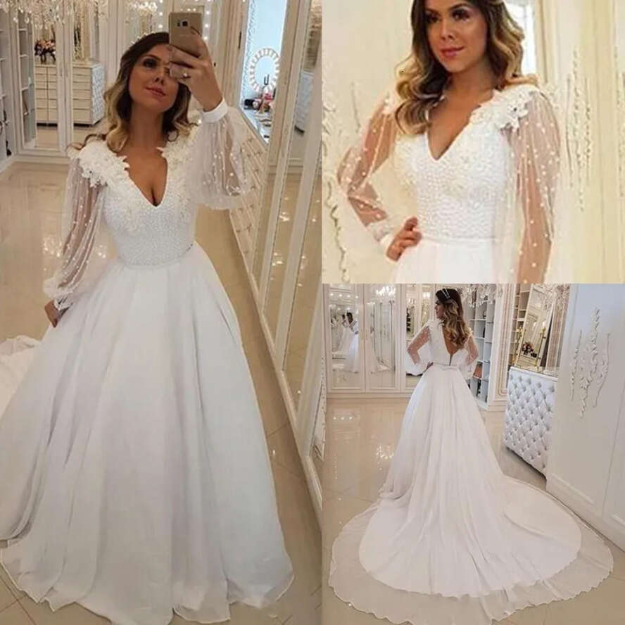 Boho White Summer Cheap Dresses Poet Sheer Long Sleeves V Neck With Appliques Pearls Bridal Garden Beach Wedding Gowns
