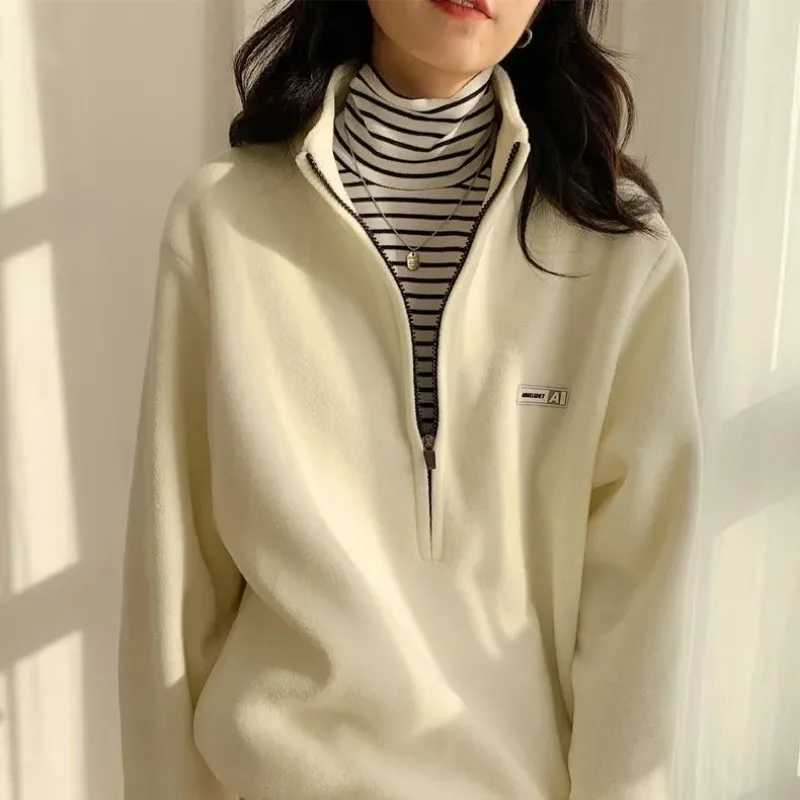 Half-high Neck Half Zipper Women Sweatshirts Solid Color Casual Warm Fleece Winter Daily Wear Thickened Women Winter SweatshirtsX241016