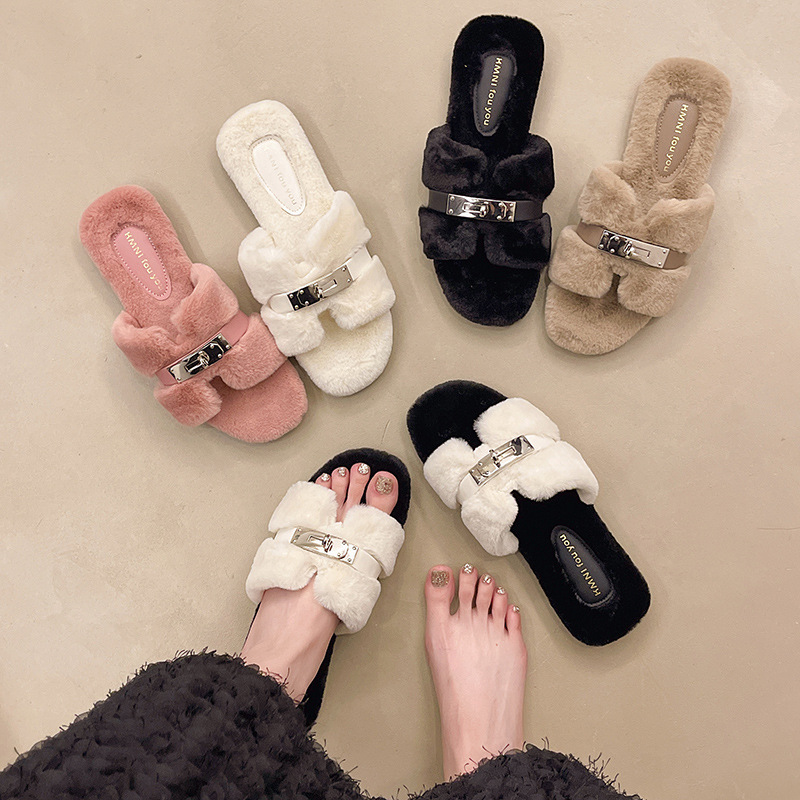 Designer Slipper Woman 2024 New Silver Button Fur Flip-Flops Autumn And Winter Home Cotton Free Shipping Shoes