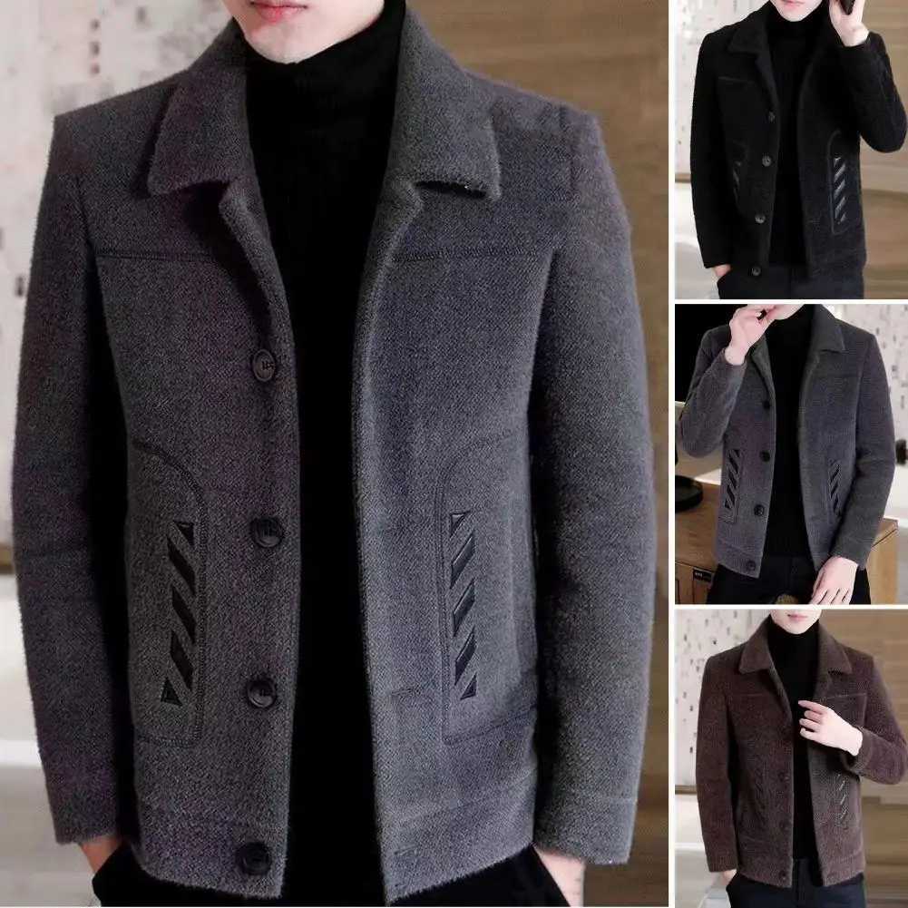 Men Jacket Lapel Design Thickened Men Coat With Side Pockets Slim Fit Classic Button-up Men JacketXJ241017