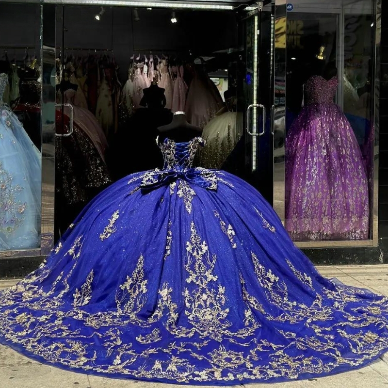 Royal Blue Off The Shoulder Quinceanera Dresses Ball Gown Gold Appliques Lace Bow Beading Sweet 16 Dress Birthday Party Vestido De 15 Anos