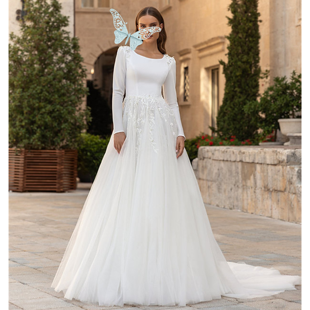 Floral Tulle Scoop Muslim Wedding Dresses A-Line Long Sleeves White Bridal Gowns For Woman Classic Appliques Vestido De Mariages