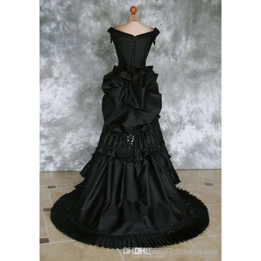 Wedding Gothic Beaded Victorian With Train Vampire Ball Masquerade Halloween Black Bridal Dress Steampunk Goth Th Century