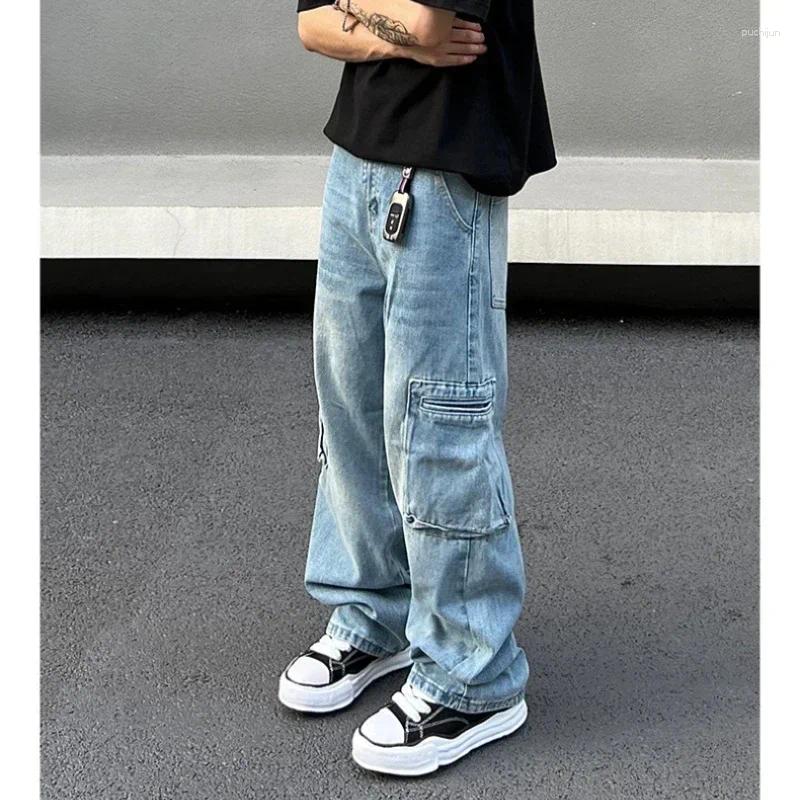 2025 S Fashion Designer Men S Jeans OIMG Y K Fashion Multi Pockets Washed Blue Baggy Cargo Pants For Men Vintage Clothes Straight Denim Trousers