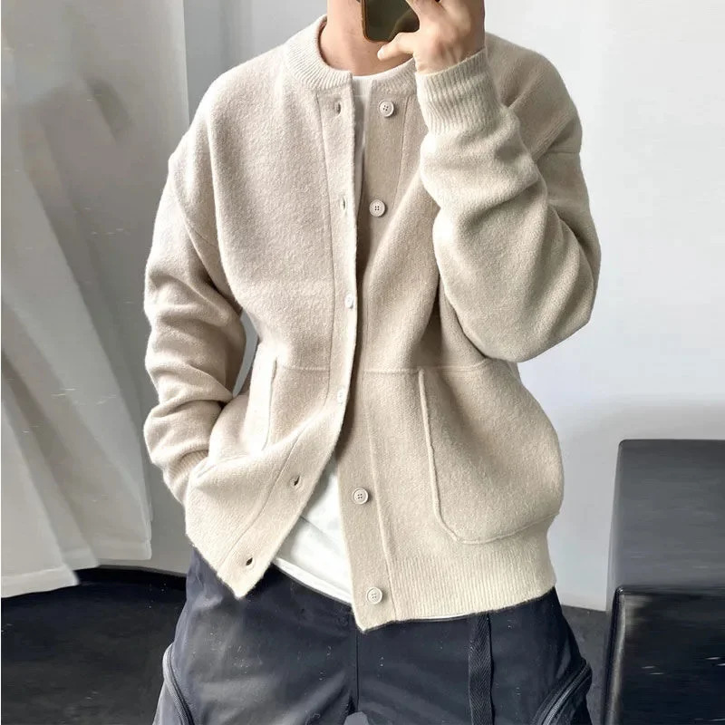 Y2K Spring Autumn Casual Sweater Jacket 2024 Round Collar Mens Clothing Fashion Solid Colour Top Loose Knitwear Coat Hombre 241017