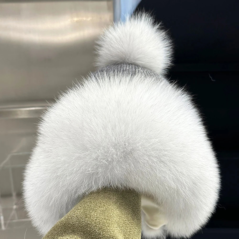 Outdoor Earflap hat Wool Knitted Snow Ski Cap Fleece Bomber Trapper Hat Women Ushanka Real Fox Fur Pompom Winter Russain Cossack 241009