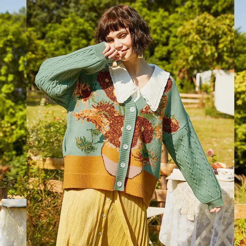 Unisex Cardigan Sweater Harajuku Van Gogh Sunflower Knitted Button Women Men Autumn Casual Loose Knit Top Green Blue 241017
