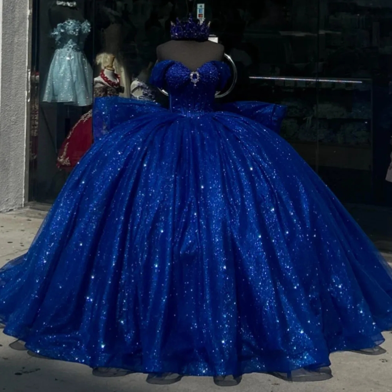 Luxury Royal Blue Shiny Quinceanera Dresses Beads Crystal Tull Birthday Party Ball Gown Vestidos de 15 anos Corset Sweet 16 Dress