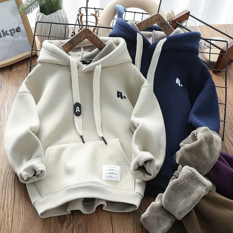 Winter Boys Hooded Sweatshirt Children Warm Thicken Hoodies Kids Daily Casual Plus Velvet Coat Teens Fashion Clothing 241017