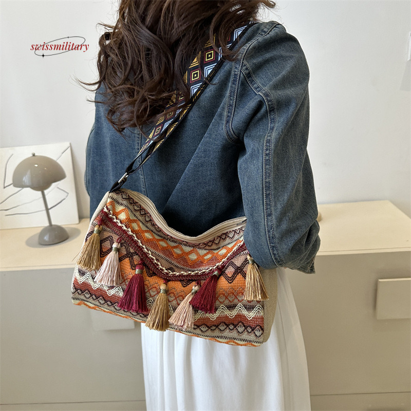 Ethnic shoulder small square 2024 new popular Bohemian style simple and niche crossbody travel women's bag#15 swissmilitary