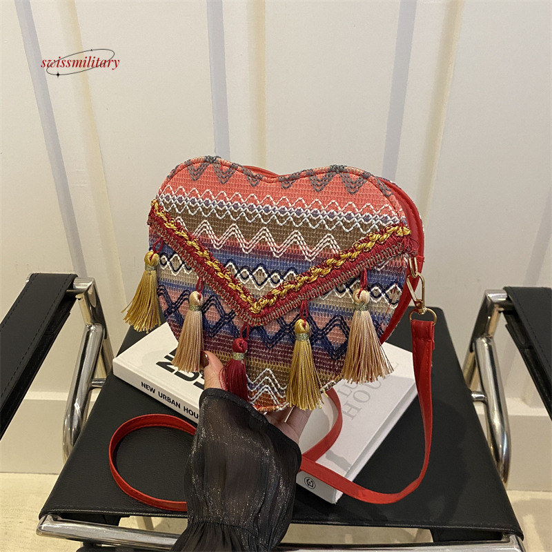 Ethnic style knitted tassel for women 2024 fashion new heart-shaped crossbody Bohemian shoulder bag #16 swissmilitary