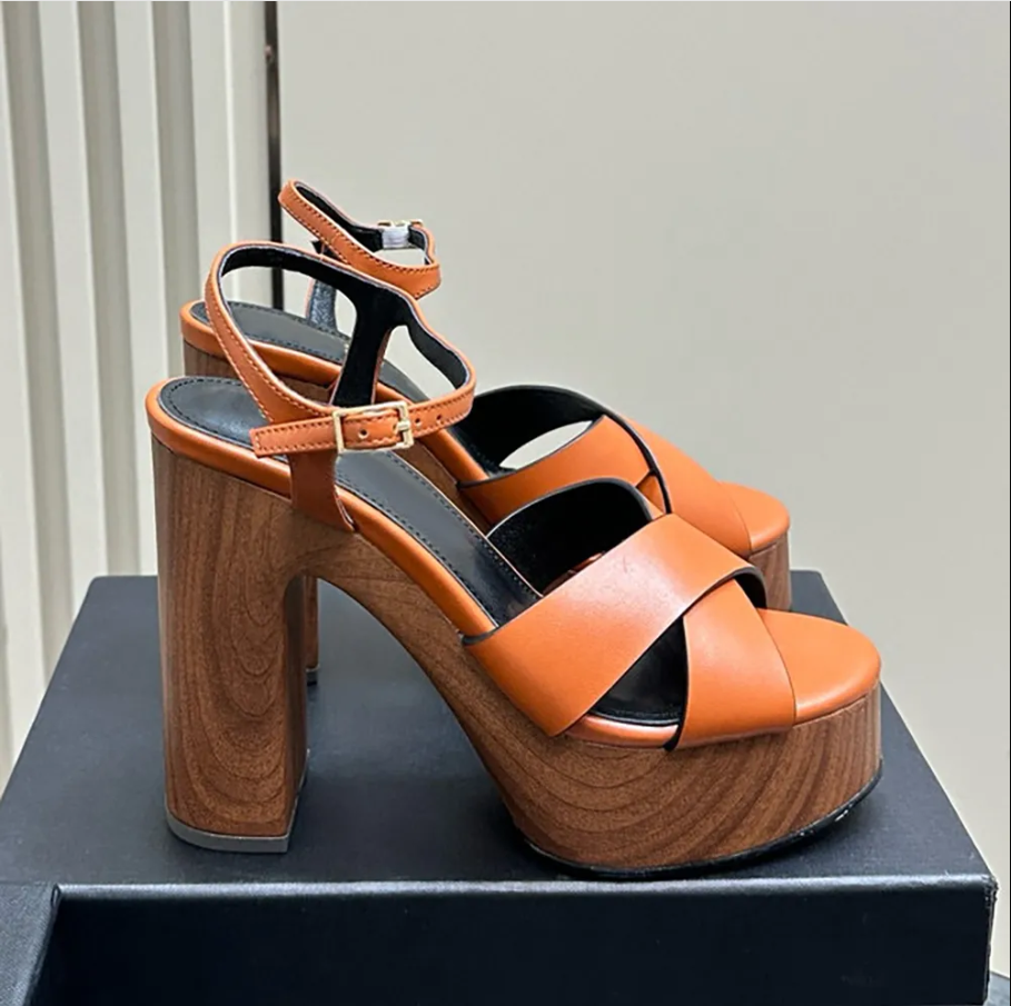 Top quality Wood grain Platform Heel Sandals Chunky Block Heel Women Genuine Leather Super High 12.5CM Buckle Strap High heels Luxury Designer Sandals Office shoes