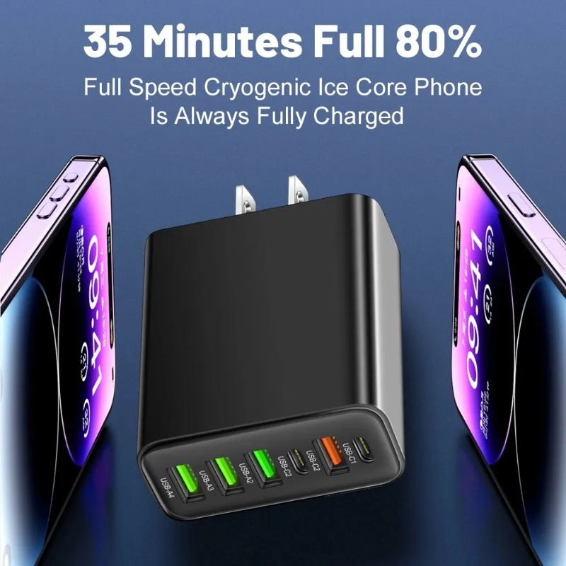 Total 65W 6 in 1 USB Type C Quick Charging Fast Wall Charger EU/US/UK Plug Dual Port USB-C + 4 USB Port Mobile Phone Power Adapter For iPhone Samsung 