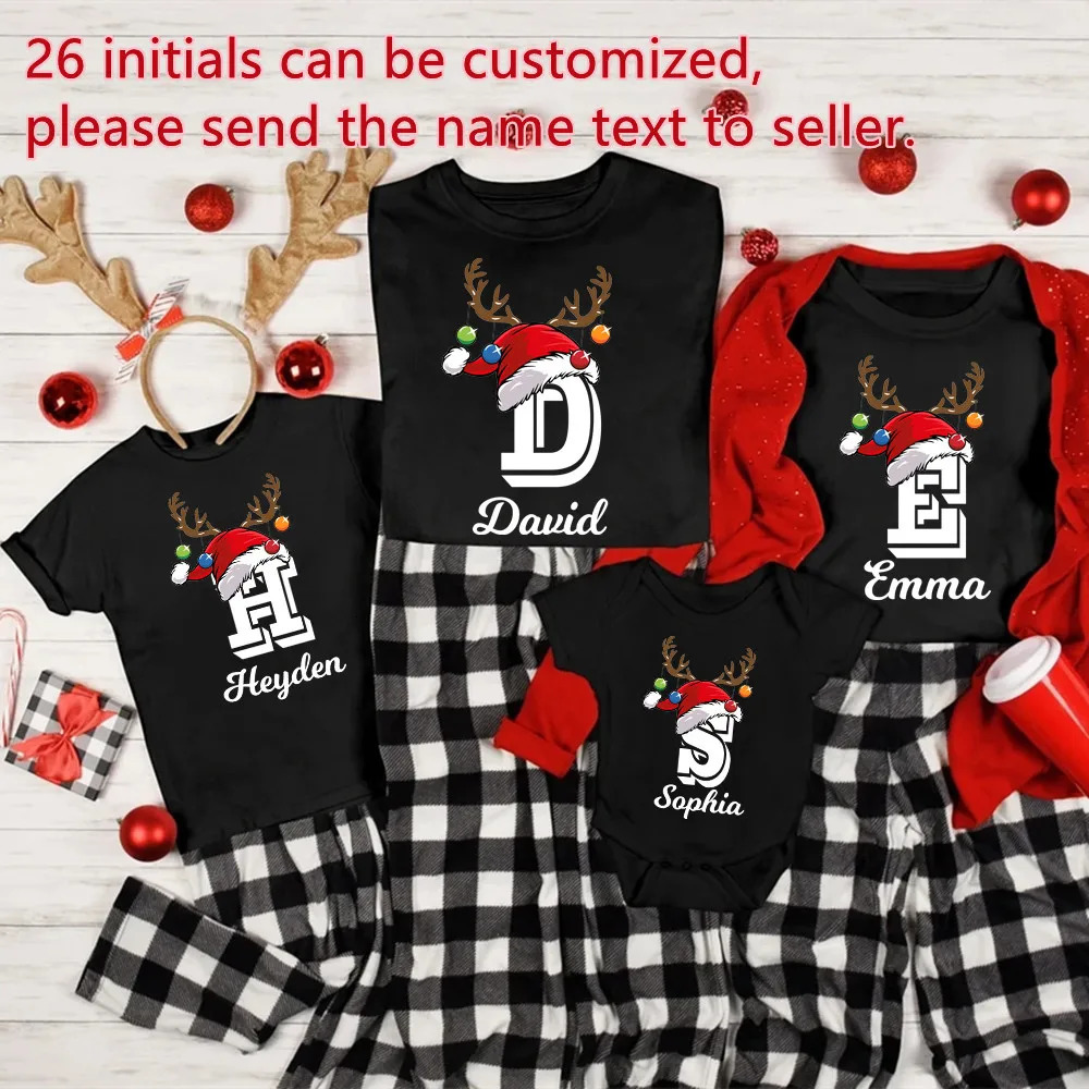 Personalised Christmas Family Matching Shirts Custom Initial with Name Mom Dad Kids Tshirt Baby Outfits Holiday Girl Boy Clothes 241017
