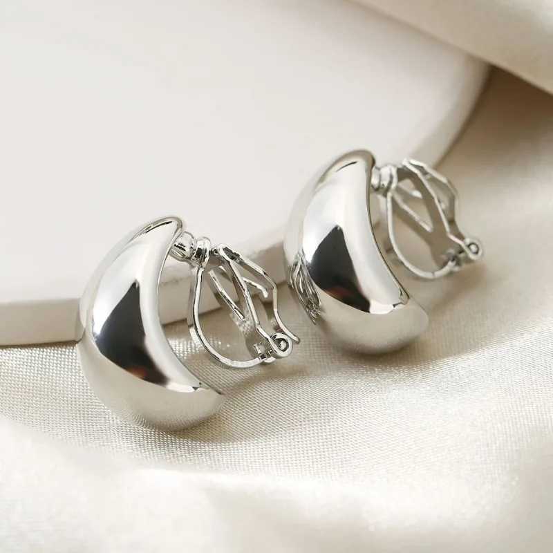 Smooth metal block earrings suitable for women gold silver geometric round water droplets clip on earrings punk party jewelry W241017